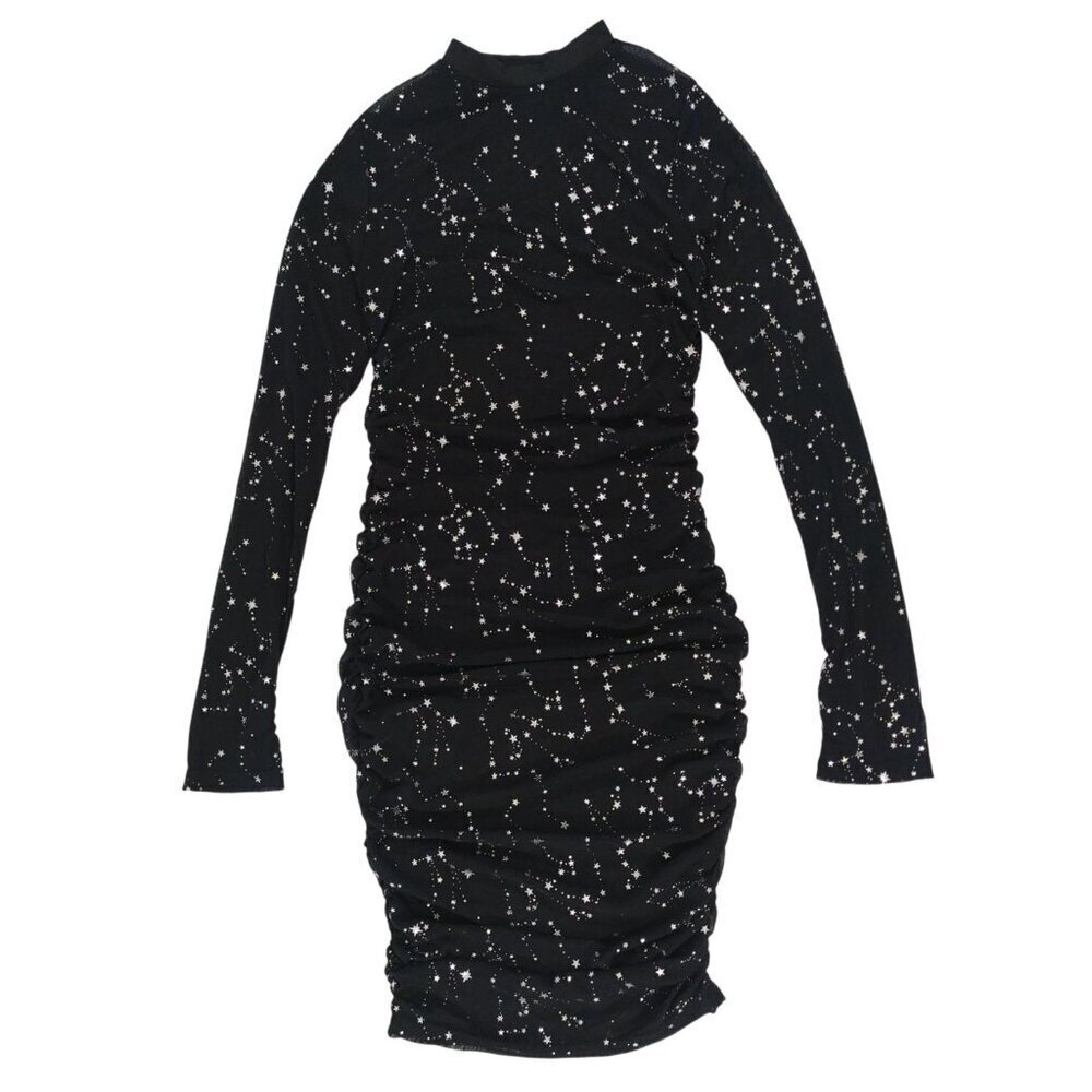 Lyaner Womens Black Silver Star Constellation Ruched Bodycon Dress Semi-Sheer